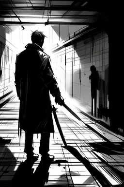 Draw this Perhaps I heard a sound or saw his shadow moving, I don't know. But when I looked round, there he was, half-way towards me with the knife in his right hand!