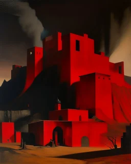 A dark red volcanic fortress painted by Lyonel Charles Feininger