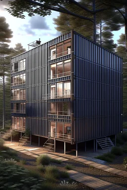 large 3 story house in the woods made from shipping containers, photorealistic
