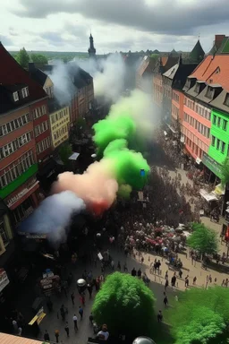 germany after weed legalization, german city, dust from smoking weed, happy stoned people, smoking a blunt