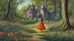 slim nymph dancing in a woodland clearing, with a gothic house behind her. vibrant colour