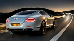 A sleek white shiny (((bentley x porsche))), (((cinematic view))), zipping along a winding road under a beautiful blue black night sky