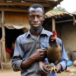 a black man holding a chicken in a village setup real image