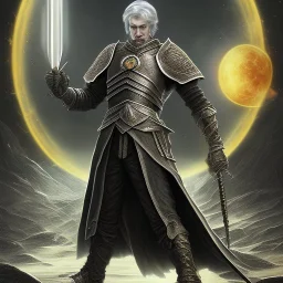 Sauron, the mighty lord of darkness, standing on a rock in the dark land of Mordor, a super-hero man of infinite power and technology of the galactic race, with a great army, a large moon disk behind him, and a fiery sword in his hand