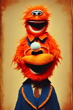 a Film Photograph of an orange Donald Trump Muppet made of felt and fur yelling at everybody