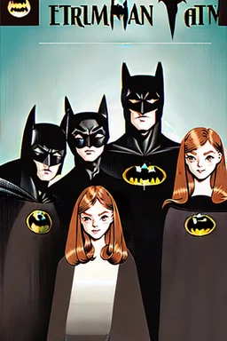 Act like a book cover designer. Use batman comic style. Grimmy black cat and a group of three teenagers (13-15 years old) - two brothers with ginger hair and frickles with a brown-haired girl. Environment: old town.