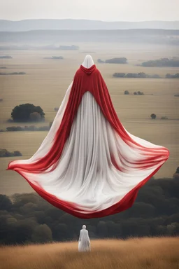 Giant massive huge in stature, majestic entity, hovering and floating over a large field landscape. the entity wears a white and red draped fabric that has printed on the material resembling stars. the fabric has also technological elements. you can see how big it is compared to a tiny human standing in front of it