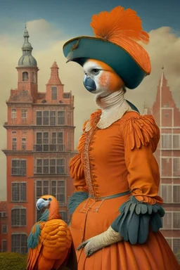 Female Half parrot half human in a 1700s Orange Dutch uniform next to a Dutch city