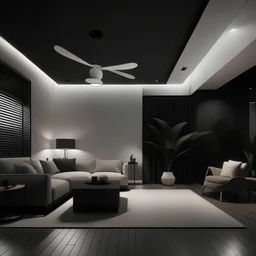 beautiful modern minimalist living room at night with a white ceiling fan