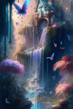 Phantasy landscape.Paradise hauntedgarden, unicorn, bright magic art, splash art, high quality, 8k, digital painting, glitter, waterfall, greenery, butterflies, birds of paradise, gnome's house, trending on artstation, sharp focus, studio photo, intricate details, highly detailed, by greg rutkowski