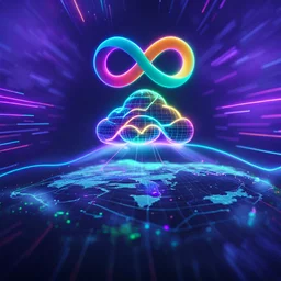 Colourful 3D glowing infinity symbol ∞, hovering above a colourful glowing cloud, network and lights coming from the cloud onto a futuristic map of the globe, inspiring, neon, glowing, friendly, beautiful, octane render, 8k post-production, artstation: award-winning: atmospheric: commanding: fantastical: clarity: 16k: ultra quality: striking: brilliance: liquid medium: stunning colors: amazing depth; lens: f/8, 28mm