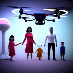 Ultra Realistic classic family portrait, living room. father. mother. daughter. alien pet. Little flying drone. retro futuristic, minimal style. smile, happy. highly detailed, concept art, unreal engine 5, ray tracing, RTX, lumen lighting, ultra detail, volumetric lighting, 3d, finely drawn, high definition, high resolution.