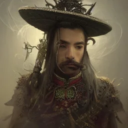 Insanely detailed photograph of an “portrait of a D&D fighter” with intricate Sombrero, intricate embroidered charo, mustachioed clear face and hyperdetailed painting by Ismail Inceoglu Huang Guangjian and Dan Witz CGSociety ZBrush Central fantasy art album cover art,8K, hdr, romantic, mysterious, ominous, cigar smoke, jewelry, comfort, natural eyes,naked,tasteful