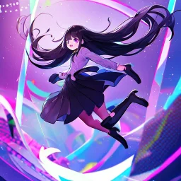 Clear focus,High resolution, Black long straight hair, and purple eyes, wearing a skirt,with stocking, with long boots on, Happy, Jumping, Teen, Background is a very colorful and happy theme park, Potrait, Blurry bg, Cartoony style