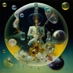 universe-like Soap Bubble,complex surgical instruments mixed with human body-like musical instruments,Painting By Adrian Ghenie, Rene Magritte, Basquiat ,Salvador Dali, Lucian Freud, Jan Van Eyck