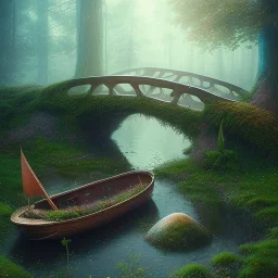 poet with lute, dew drops ,tiny boat under wooden bridge in magical forest, spray painting, foliage frame, fantasy art , movie poster, Realistic photography, incredibly detailed, ultra high resolution, 8k, complex 3d render, cinema 4d, color corrected