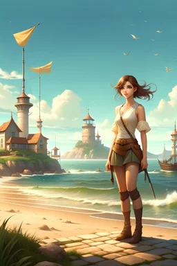 Digital art, Digital masterpiece, High quality, Natural illumination, Spotlight illumination, Daylight illumination, (Full body:1.5), (1 tall girl 2.5), (brown hair), (summer outfit), beach outfit, (carrying a trident:1.5), European City, (English port at background:1.2), Light tower on the right