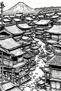 Japanese shanty town, line arts, manga style