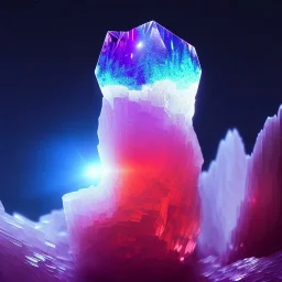 photograph of a (one massive colorful crystal:1.2) growing out of the rocky mountain, (focus on crystal:1.2), 4k, 8k, (highly detailed), ((landscape)),(translucent crystal:1.1), light going trough the crystal, bokeh, chromatic aberration, mountain view, blue and pink background