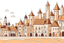 Scene foreground, background, middle ground with que, zoomed on on a building in an organic city in a not scary hell, Middle Ages style, an exaggerated long que of people outside the building, waiting in line, style: children’s book illustration, flat vector-like, no shadow, minimalistic, no outline, realistic colors in orange, red shades