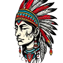 a modern tattoo design, old school style, thick black lines, on a plain white background, featuring a native american as the main element, minimal style, vibrant saturated color palette, Hand drawn aesthetic, old school style with hints of American traditional tattoo style