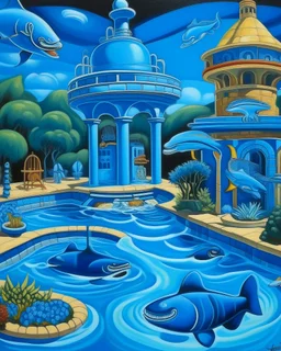 A blue aquarium theme water park resort painted by Thomas Hart Benton