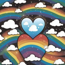 a logo of a rainbow in the shape of a heart with sparkles around it and clouds