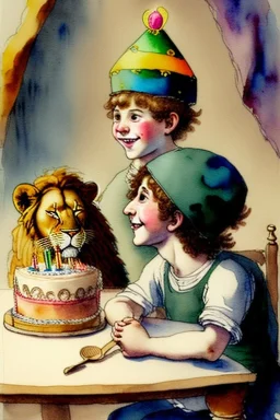 A cute smiling boy wearing a kippah. Boy and lion are sitting at a table with a birthday cake. Watercolour