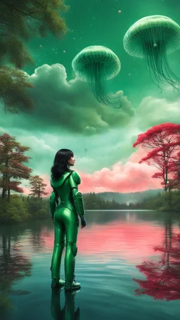 Photorealistic Photo Of A long black-haired woman in a green robot suit, Looking Out Over A Lake With jellyfish with red Tentacles, Tall Narrow Cloud Trees In The distance with an alien sky