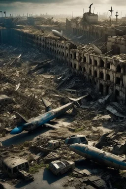 city ruins a lot of smashed small airplanes everywhere high quality HD pictures in cinematic universe