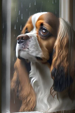 portrait of a king charles 3rd dog looking out of a rainy window