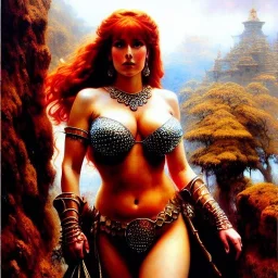 Drawing of beautiful face,'beautiful,Busty fit Red Sonja',intense stare, ancient skintight armor, balanciaga fashion clothe painting by gaston bussiere, greg rutkowski, yoji shinkawa, yoshitaka amano, tsutomu nihei, donato giancola, tim hildebrandt, Oil on canvas, cinematic composition, extreme detail,fit full head inside picture,16k