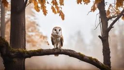 back to the camera a barn owl sitting on the tree branch and looks into the room , mystic fog, autumn, rain, little light, sunset, high detailed, sharp focuses, photorealistic, perspective, cinematic, dramatic vibe