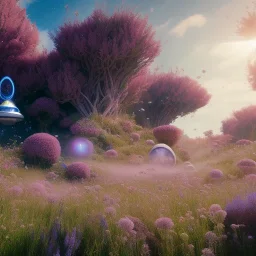 Spaceship landed on meadow, sunny day. clear blue sky, cascade, flowers. Elegant. Extremely detailed. Award winning photography. Fantasy. 8k. Cinematic lighting. Photorealistic. Dynamic lighting. Imperial colors. Crisp quality. Unreal Engine. Colourful cinematic postprocessing. Pixar. VRay.