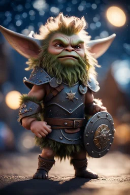 gremlin viking with wild hair and big shield Under stjerners gnist Vi går som ett, vår tro et løfte ,bokeh like f/0.8, tilt-shift lens 8k, high detail, smooth render, down-light, unreal engine, prize winning