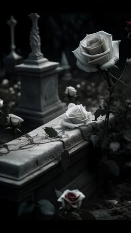 A grave above it a white lace scarf and blood on it. and white roses. Cinematic picture dark mood