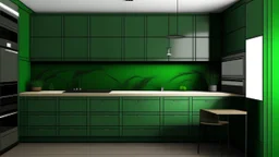 kitchen with dark green furniture, forest wallpaper on a white wall, very realistic