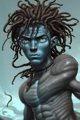 A young male water genasi with deep blue skin color, waterlike dreads on head. Shaolin monk with long stick weapon,