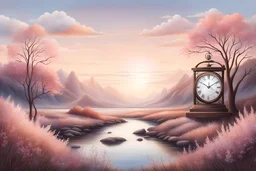 pastel landscape illustration of clock and nature