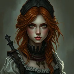 a beautiful fantasy woman, young, ginger hair, troubled, dark fantasy art, servant