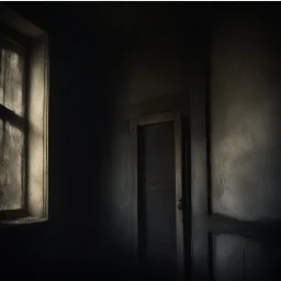 An ancient, weathered door stands in an abandoned house, shrouded in deep, engulfing darkness. The walls are rough and covered in moss and dust, with wooden beams crumbling and floors uneven. The faint light coming from a small particle of the philosopher's stone, placed mysteriously near the door, emits a warm, surreal glow, contrasting with the surrounding darkness. The stone’s light weakly illuminates the nearby area, casting long, eerie shadows. The atmosphere is thick with mystery and tensi