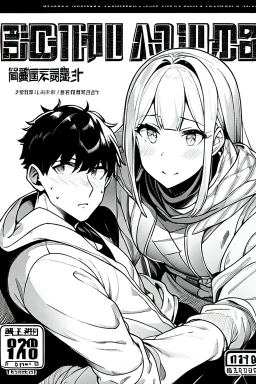 manga chapter cover, a boy is sitting on the ground next to a girl, greyscale