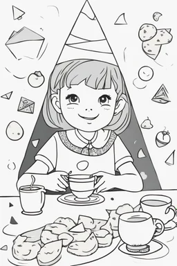 A little girl with a triangular party hat, enjoying a tea party with geometrically shaped cookies and cups. Use triangles for the hat, cookies, and other party decorations. very happy , Colloring page for todlliers ; basic hawali style cartoon , black and white , ink outlines , , smooth , anime style , minimalist , cute eyes , full body , white shose , sketchbook , realistic sketch , free lines , on paper , character sheet , clean line art high detailed