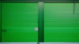 Puerta industrial con cadena tensa, resuelta en acrílico de alto contraste; la planta mínima entre las baldosas es un signo de resistencia, un verde que insiste en existir