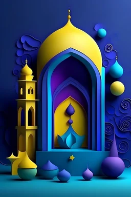 Create a 3D ramadan theme poster in purple, blue and yelow scheme