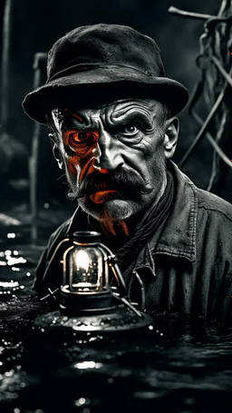 A man with oil lamp in a Coal mine.