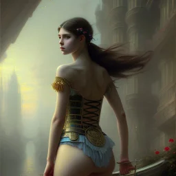 Full color, incredibly detailed portrait of a Beautiful innocent girl :: beautiful backside :: corset :: Beautiful :: sci-fi cityscape:: attractive portrait by John William Waterhouse, Greg Rutkowski, Luis Royo :: fantasy art, mystical, eldritch :: perfect proportions :: 8k resolution :: dynamic lighting, volumetric lighting intricately detailed :: Unreal Engine 5