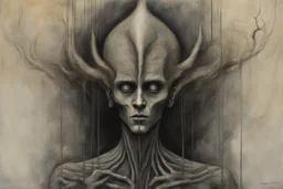 painting of a male figure emerges from the darkness, the abyss, escapes the darkness, the underworld, the past, exits the matrix and stands on the light side. inspired by Santiago Caruso, eric lacombe, anton semenov, dramatic artwork, sandman, by Zoran Mušič, bekskinski, inspired by Remedios Varo, by Santiago Caruso, dark surreal art, surreal drawing, by Jan Sawka