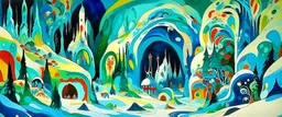 Cyan snowfields with a mystical cave designed in German folk art painted by Wassily Kandinsky