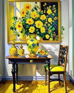 beautiful art print features yellow flowers in a chinoiserie vase sitting on a table, with black ladderback chair in background Modifiers: oil on canvas beautiful dynamic lighting crisp quality colourful acrylic art still life luminism Gustave Klimt style raw beautiful oil on canvas beautiful oil on canvas oil on canvas
